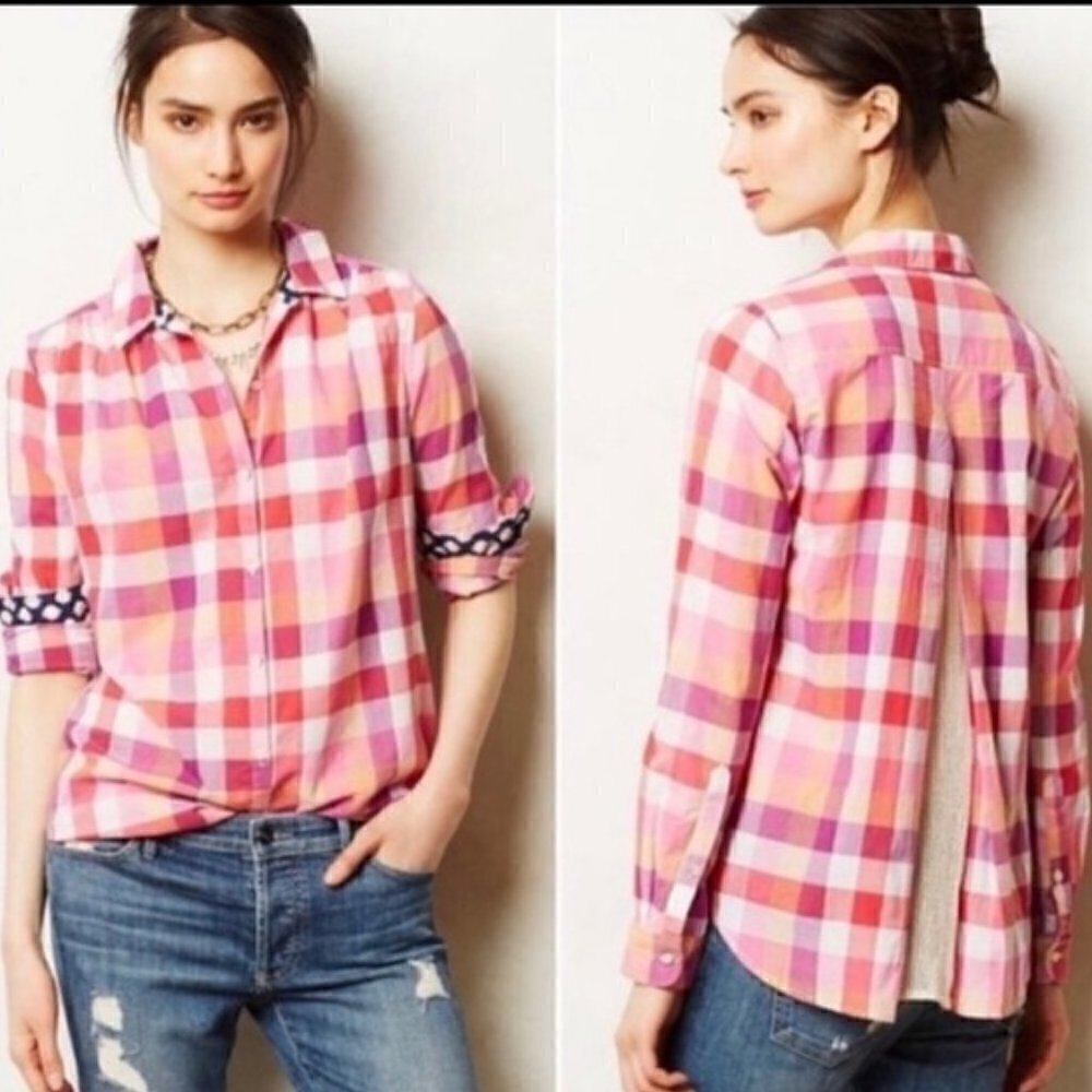 Anthropologie Isabelle Sinclair Plaid Button Down Shirt Contrast Back